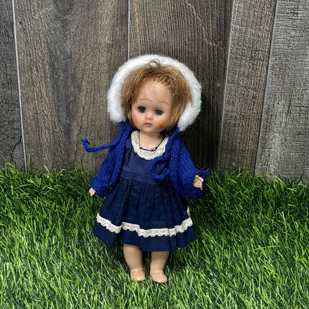 Vintage 1940s-50s Plastic Doll Blue Dress Hat Sleep Eyes Unmarked Needs TLC
